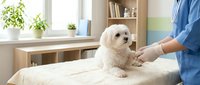 White fluffy dog receiving examination from veterinarian in blue uniform during health checkup at clinic.