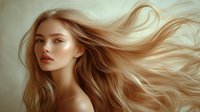 Young woman with flowing blonde hair against light background, natural makeup and glowing skin, artistic beauty portrait for cosmetic and hair care advertising.