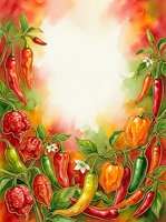 Watercolor illustration of vibrant red, orange, and yellow peppers with green foliage arranged as a colorful border frame around a bright central space, ideal for culinary designs.