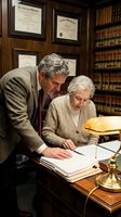 Senior Caucasian woman consulting with middle-aged Caucasian male attorney in traditional law office with diplomas and legal books for estate planning services.