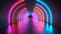 Futuristic tunnel with glowing neon arches in pink and blue colors creating perspective depth effect on reflective floor, modern architecture background for tech concepts.