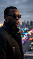 Portrait of a Black male wearing dark sunglasses and charcoal jacket against urban cityscape with bokeh lights at dusk, suitable for lifestyle and fashion campaigns.