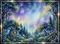 Enchanted forest landscape with ancient trees, magical glowing sky, and mystical atmosphere, perfect for fantasy art, book illustrations, and decorative wall prints.