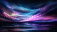 Mystical aurora borealis reflection on calm water surface with vibrant pink, purple and blue colors in night sky with stars and cosmic lights.
