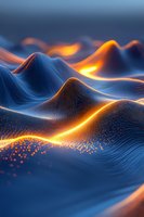 Abstract digital landscape with glowing orange light flowing through blue waves and mountains, creating dynamic particle effects and luminous paths across undulating terrain.
