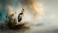 Majestic heron standing in misty wetland at dawn, artistic painterly style with soft golden and teal tones creating atmospheric nature scene.