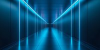 Futuristic data center server room corridor with glowing blue neon lights and modern technology infrastructure for digital business solutions.