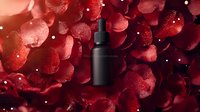 Black cosmetic dropper bottle on red rose petals background with water drops and sparkles. Luxury skincare product mockup for beauty brand presentation.