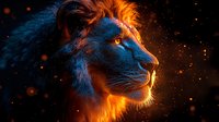 Majestic lion head profile illuminated by glowing orange and blue light effects against dark background with floating sparks and mystical atmosphere.
