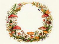Watercolor autumn wreath with mushrooms, ferns, berries and fall leaves, isolated on white background, ready for design use.