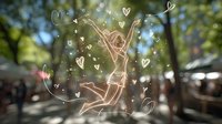 Young woman silhouette jumping with joy surrounded by glowing hearts and magical sparkles overlay on blurred urban background with bokeh effect and natural light.