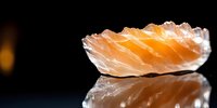 Fresh raw salmon sashimi slice on black reflective surface with dramatic lighting, showcasing delicate texture and orange-pink color gradient for culinary use.
