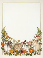 Autumn harvest frame with cute woodland animals, fall foliage, pumpkins and berries on cream background for seasonal greeting cards and invitations.