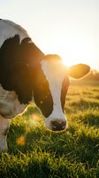 Holstein dairy cow grazing in golden sunset light on green pasture field for agriculture and farming concepts.