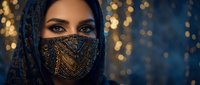 Middle Eastern woman wearing ornate golden embroidered face mask and headscarf against bokeh lights background for luxury fashion and cultural elegance.