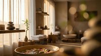 Serene spa interior with zen stones, bamboo plant and warm natural lighting creating peaceful wellness atmosphere for relaxation and meditation.