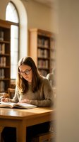 Young woman with glasses studying at wooden desk in library with warm natural light from arched window and bookshelves in background for education concepts.