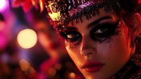 Young woman with dramatic glitter eye makeup and bold eyeliner in vibrant neon pink and orange lighting, suitable for beauty, fashion, and nightlife editorial projects.