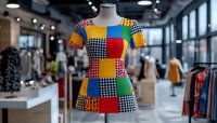 Colorful patchwork dress on mannequin featuring geometric patterns, checkered prints and bright primary colors in retail store setting. Modern fashion display.