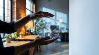 Hands holding glowing digital globe with network connections, representing global business, technology innovation, and worldwide communication in modern office environment.