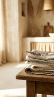Stack of folded natural linen fabric with dried lavender on a rustic wooden bench in a warm, cozy farmhouse interior.