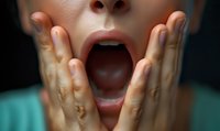 Close-up of open mouth with hands on cheeks expressing shock, fear or surprise emotion against dark background, dramatic lighting highlights facial features.