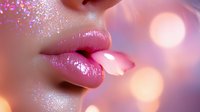 Sensual pink lips with glitter sparkles and bokeh lights in soft focus. Close up of glossy lipstick makeup on female face against blurred pink background.