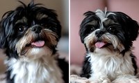 Adorable black and white Shih Tzu puppy portraits showing playful expression with tongue out, close-up view against blurred backgrounds, suitable for pet care marketing.