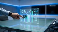 Businessman hand touching holographic display with financial charts, graphs and global data analytics on transparent screen for business intelligence and market analysis.