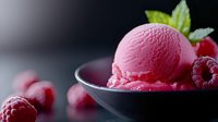 Pink raspberry ice cream scoop in dark bowl garnished with fresh berries and mint leaves against black background, selective focus macro food photography.