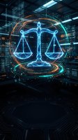 Digital justice scales hologram floating in futuristic data center with glowing blue light effects and server racks for legal technology concepts.