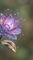 Crystal lotus flower with floating water droplets and golden leaf on soft blurred background for meditation wellness and spiritual design projects.