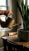 Senior man watering snake plant with vintage brass watering can in sunny home interior, plant care and indoor gardening lifestyle concept.