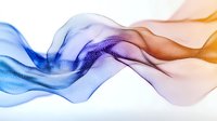 Flowing abstract waves in blue, purple and orange gradient colors create dynamic motion effect on white background. Elegant design element for modern layouts.