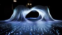 Glowing blue wave formation with light particles creating dynamic tunnel effect against dark background, abstract digital art visualization for technology concepts.