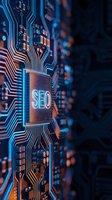 SEO microchip on futuristic circuit board with glowing blue and orange pathways for digital marketing and search engine optimization technology concepts.