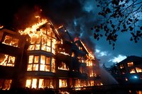 Dramatic night scene of burning apartment building engulfed in flames against dark stormy sky, with firefighters attempting to control massive residential fire.