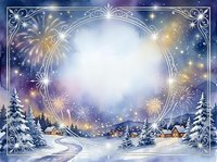 Snowy winter landscape with fireworks bursting over a festive village, ornate frame border, glowing lights and magical atmosphere for holiday celebrations and seasonal greetings.
