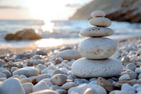 Balanced stack of smooth white pebbles on beach at sunset, waves and rocky coast in background, zen-like composition with natural sunlight reflection.