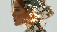 Young woman profile with flowing hair merged with blooming white flowers and green leaves creating artistic double exposure effect on neutral background.