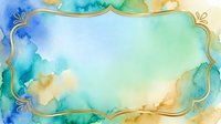 Watercolor abstract background with blue, turquoise, and golden yellow flowing washes, ornate gold frame border, soft blended colors, suitable for invitations and design projects.