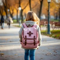 Young woman with pink backpack walking in autumn park, wearing cozy sweater and jeans. Golden fall foliage and street lamps create warm atmospheric background.