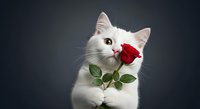 White fluffy cat holding red rose with green leaves against dark background, isolated for greeting cards, love and romance designs, pet portraits.