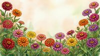 Colorful zinnia garden in watercolor style with vibrant red, orange, yellow, and purple blooms framing a soft pastel background with copy space.