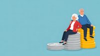 Senior couple sitting on stacks of coins representing retirement savings and financial planning for elderly people on blue background.