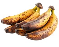Ripe spotted bananas with brown marks isolated on white background, fresh organic fruit ready for cooking or smoothies, high quality food photography.