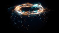 Abstract energy ring with glowing orange and blue light trails creating dynamic circular motion with sparks on dark background for digital art projects.