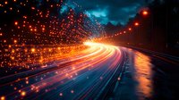 Glowing light trails on wet highway at night with magical sparkles and bokeh effects creating futuristic atmosphere. Dynamic motion blur shows speed and energy.