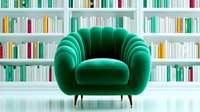 Luxurious emerald green velvet armchair with curved channeled design against white bookshelf background, modern interior design element for reading nook or library space.