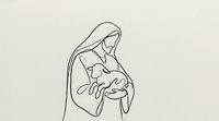 Minimalist line art of mother holding newborn baby in tender embrace, continuous single line drawing style on neutral background for modern design projects.